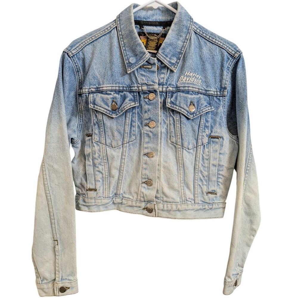 Vintage Harley Davidson Cropped Fitted Ombré Denim Trucker Jacket Women's Medium